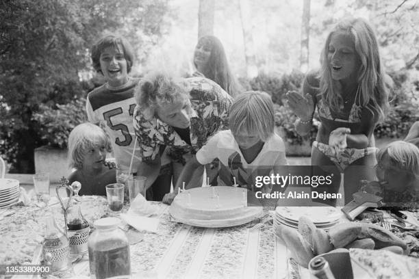 Sylvie Vartan and Johnny Hallyday celebrating their son David's 9th birthday, Biarritz, France 14th August 1975