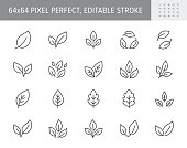 Leaf line icons. Vector illustration include icon - botany, herbal, ecology, bio, organic, vegetarian, eco, fresh, nature outline pictogram for flora. 64x64 Pixel Perfect, Editable Stroke