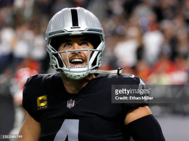 Derek Carr of the Las Vegas Raiders reacts after throwing a 37-yard touchdown to Bryan Edwards against the Kansas City Chiefs in the second half of...