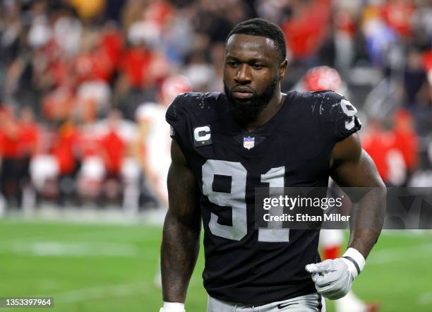 Defensive end Yannick Ngakoue of the Las Vegas Raiders walks off the field after a touchdown by the Kansas City Chiefs during their game at Allegiant...