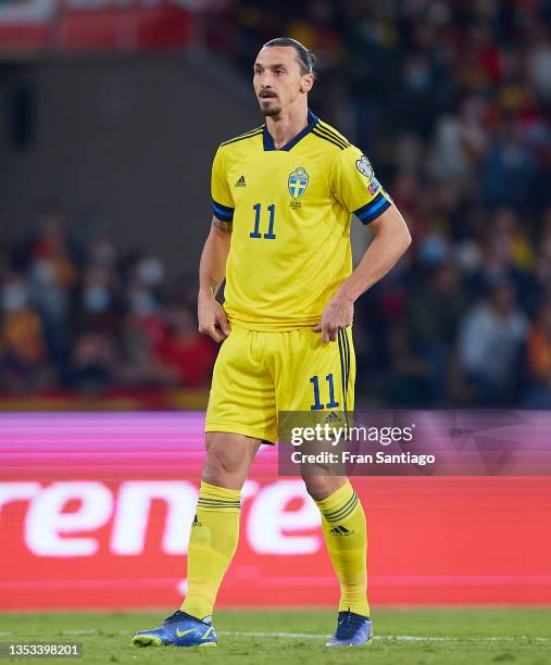 Zlatan Ibrahimovic of Sweden looks on during the 2022 FIFA World Cup Qualifier match between Spain and Sweden at Estadio de La Cartuja on November...