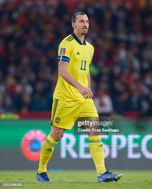 Zlatan Ibrahimovic of Sweden looks on during the 2022 FIFA World Cup Qualifier match between Spain and Sweden at Estadio de La Cartuja on November...