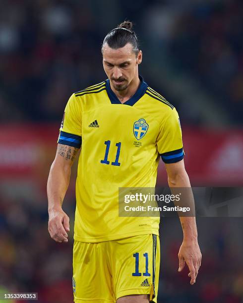 Zlatan Ibrahimovic of Sweden looks on during the 2022 FIFA World Cup Qualifier match between Spain and Sweden at Estadio de La Cartuja on November...