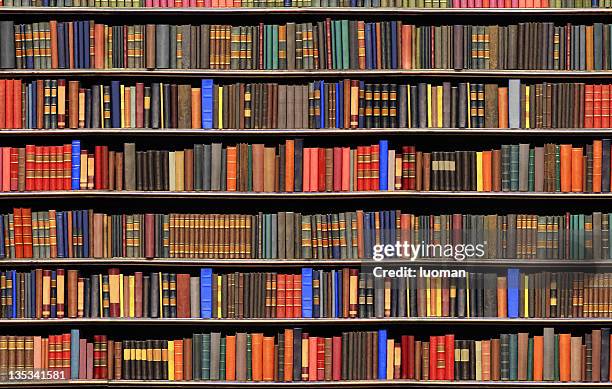 old books in a library - big file - book shelf stockfoto's en -beelden