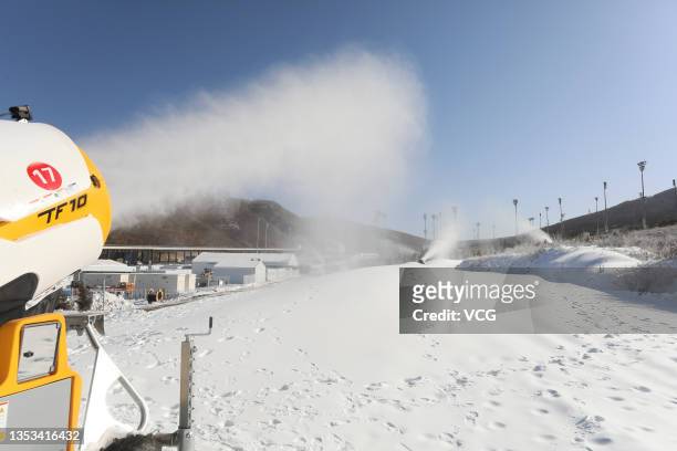 Snowmaking machine works at the National Cross-Country Skiing Centre, a venue for the cross-country skiing and Nordic combined events of Beijing 2022...