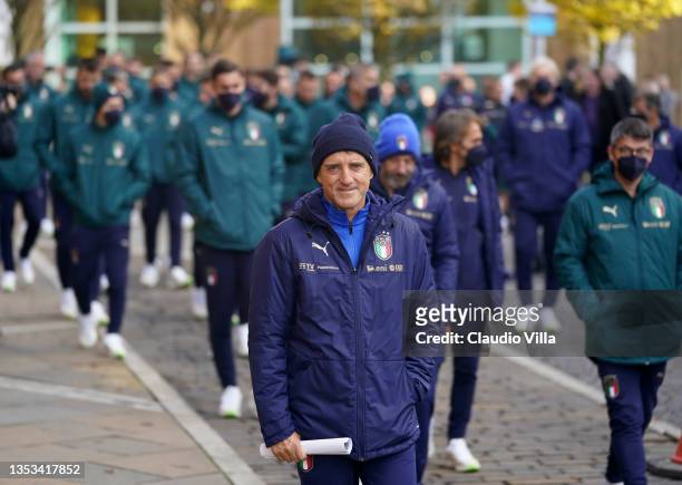 Head coach Italy Roberto Mancini walks through the centre of Belfast before the 2022 FIFA World Cup Qualifier match between Northern Ireland and...