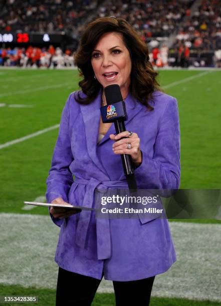 Sunday Night Football" sideline reporter Michele Tafoya speaks during a game between the Kansas City Chiefs and the Las Vegas Raiders at Allegiant...