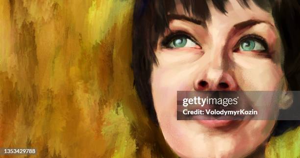 close-up face of woman, short haircut, dark hair - beautiful mature woman stock illustrations