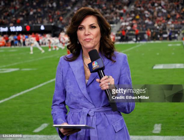 Sunday Night Football" sideline reporter Michele Tafoya speaks during a game between the Kansas City Chiefs and the Las Vegas Raiders at Allegiant...