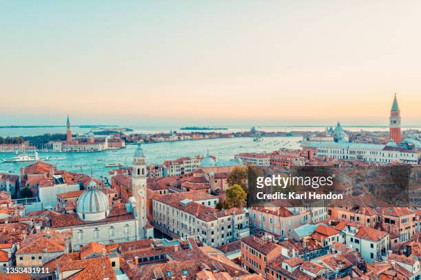 a sunset aerial view of venice - stock photo - venice italy stock pictures, royalty-free photos & images