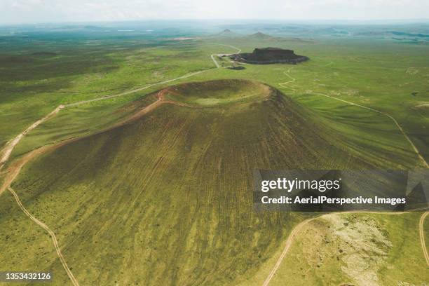 drone point view of extinct volcanic crater - cinder cone volcano stock pictures, royalty-free photos & images