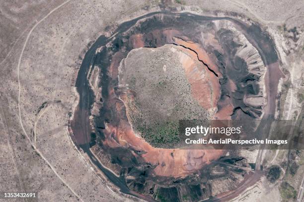 drone point view of extinct volcanic crater - aerial top view steppe stock pictures, royalty-free photos & images