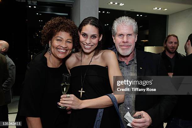 Designer Opal Stone, Blake Amanda and Ron Perlman attend the Opal Stone Luxury Handbags And Fine Jewelry Launch at Gray Gallery on December 8, 2011...