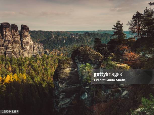 view over  bastei mountain, elbsandstein mountains, saxon switzerland. - erzgebirge stock pictures, royalty-free photos & images