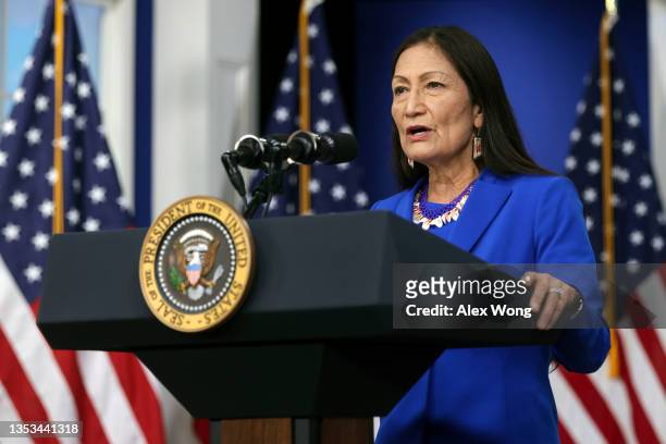 Interior Secretary Deb Haaland delivers remarks at the 2021 Tribal Nations Summit, at the Eisenhower Executive Office Building on November 15, 2021...
