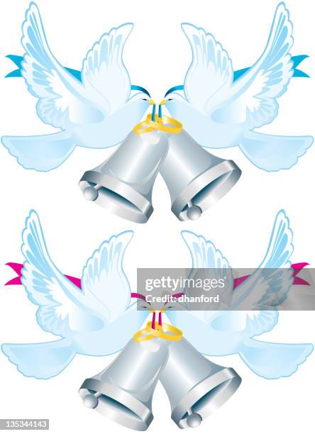 weiße hochzeit doves mit ringe und silver bells, vogelpärchen - engagement ring stock-grafiken, -clipart, -cartoons und -symbole