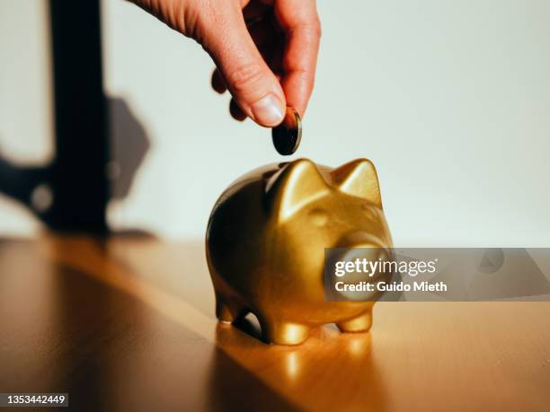 putting a coin in a golden piggy bank. - retirement savings stock pictures, royalty-free photos & images