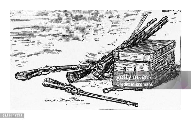 old engraved illustration of muskets and ammunition box - bayonets stock pictures, royalty-free photos & images