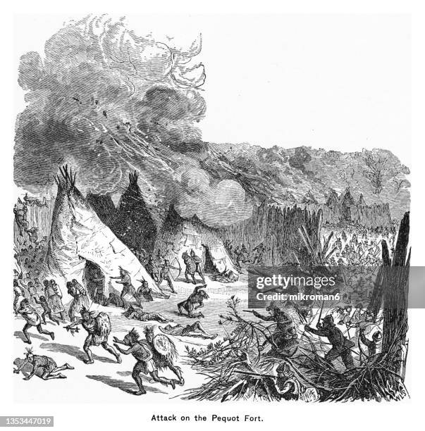 old engraving illustration of pequot massacre (may, 1637), the destruction of the pequots and battle of mystic fort  near stonington, connecticut by the english colonists under the command of captain john mason - indian society and culture stock-fotos und bilder