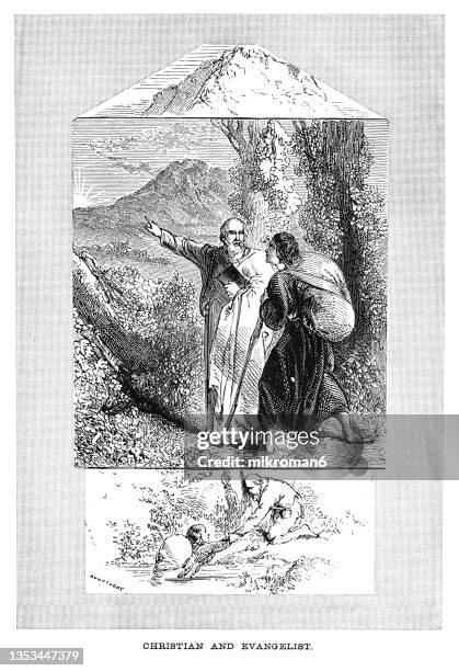old engraved illustration of christian and evangelist - spiritual enlightenment stock pictures, royalty-free photos & images