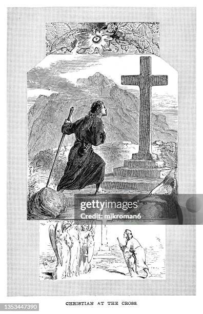 old engraved illustration of christian at the cross - spiritual enlightenment stock pictures, royalty-free photos & images