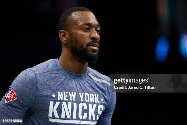 Kemba Walker of the New York Knicks looks on prior to the first half of their game against the Charlotte Hornets at Spectrum Center on November 12,...
