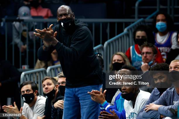 Charlotte Hornets owner and Hall of Famer Michael Jordan reacts during the first half of their game against the New York Knicks at Spectrum Center on...