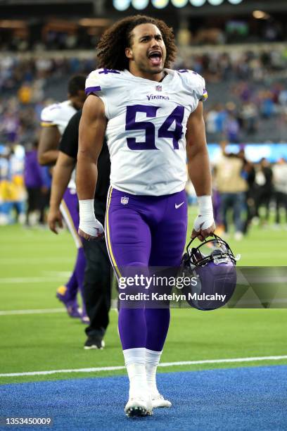 Eric Kendricks of the Minnesota Vikings reacts after the 27-20 win against the Los Angeles Chargers after the game at SoFi Stadium on November 14,...