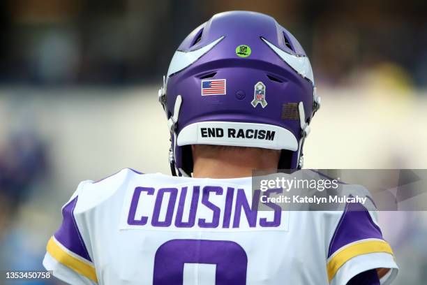 Detailed view of the helmet of Kirk Cousins of the Minnesota Vikings that reads "End Racism" prior to the game against the Los Angeles Chargers at...