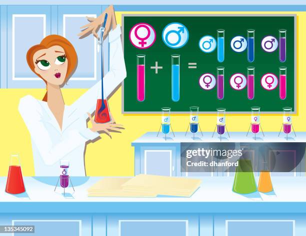 stockillustraties, clipart, cartoons en iconen met female scientist working in laboratory with test tubes - biological clock