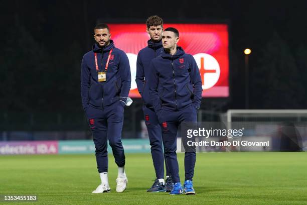 Kyle Walker of England, John Stones of England and Phil Foden of England before the 2022 FIFA World Cup Qualifier match between San Marino and...