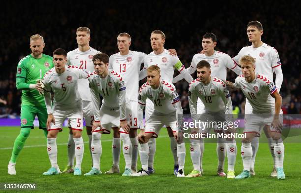 The Denmark team line up prior to the 2022 FIFA World Cup Qualifier match between Scotland and Denmark at Hampden Park on November 15, 2021 in...