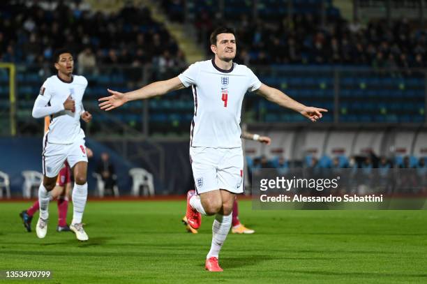 Harry Maguire of England celebrates after scoring their team's first goal during the 2022 FIFA World Cup Qualifier match between San Marino and...