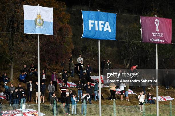 England fans watch the game from outside the stadium during the 2022 FIFA World Cup Qualifier match between San Marino and England at San Marino...
