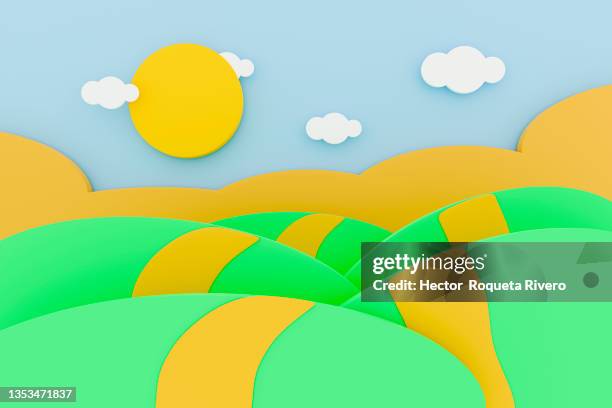 paper landscape with road, mountain, sun and clouds, 3d render - paper craft stock-fotos und bilder