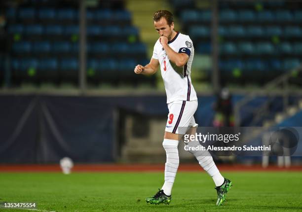 Harry Kane of England celebrates after scoring their team's third goal during the 2022 FIFA World Cup Qualifier match between San Marino and England...