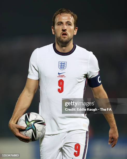 Harry Kane of England looks on with the match ball during the 2022 FIFA World Cup Qualifier match between San Marino and England at San Marino...