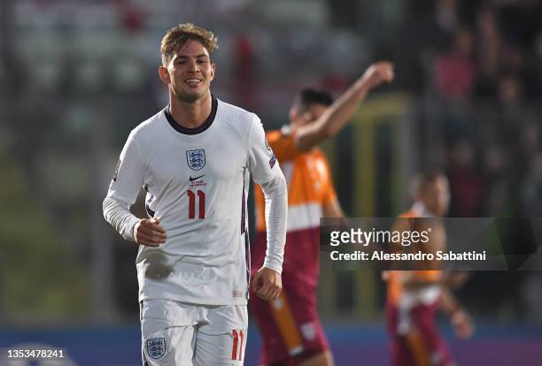 Emile Smith Rowe of England celebrates after scoring their team's seventh goal during the 2022 FIFA World Cup Qualifier match between San Marino and...