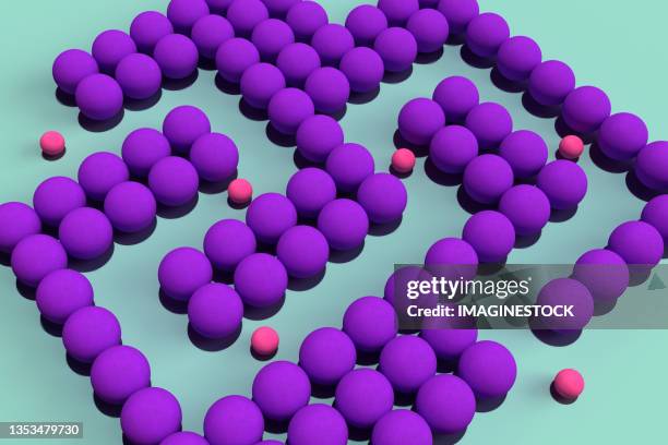 three-dimensional labyrinth of violet spheres - escape room stock pictures, royalty-free photos & images