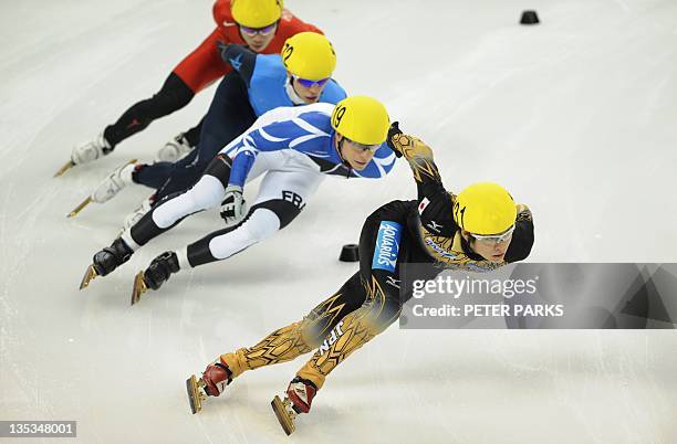 Takamido Yuzo of Japan leads Maxime Chataignier of France, Jordan Malone of the US and Barton Lui of Hong Kong in the heats of the men's 1000m at the...