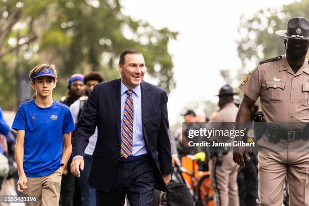 Head coach Dan Mullen of the Florida Gators arrives at Ben Hill Griffin Stadium before the start of a game against the Samford Bulldogs on November...