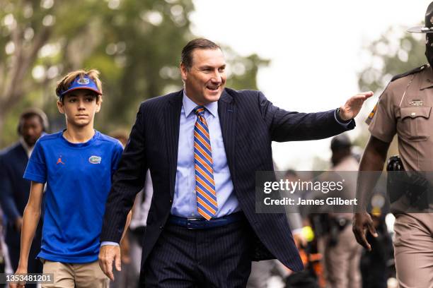 Head coach Dan Mullen of the Florida Gators arrives at Ben Hill Griffin Stadium before the start of a game against the Samford Bulldogs on November...