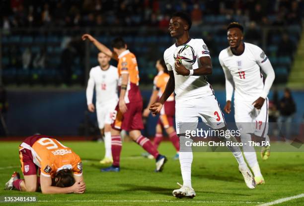 Bukayo Saka of England celebrates after scoring their team's tenth goal during the 2022 FIFA World Cup Qualifier match between San Marino and England...