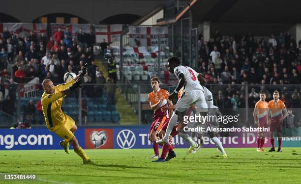 Bukayo Saka of England scores their team's tenth goal during the 2022 FIFA World Cup Qualifier match between San Marino and England at San Marino...