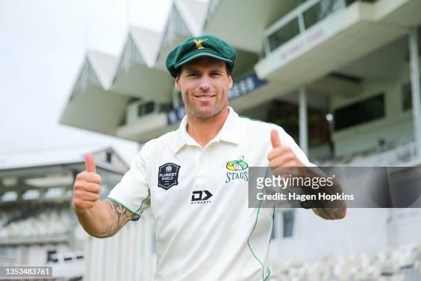 Doug Bracewell of Central Districts poses as he takes the field during the Plunket Shield match between Wellington and Central Districts at Basin...