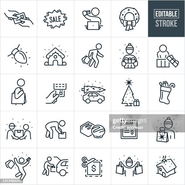 illustrazioni stock, clip art, cartoni animati e icone di tendenza di icone della linea sottile dello shopping natalizio - tratto modificabile - mercatino di natale