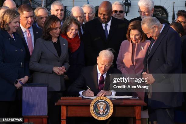 President Joe Biden signs the Infrastructure Investment and Jobs Act as he is surrounded by lawmakers and members of his Cabinet during a ceremony on...