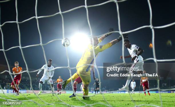 Bukayo Saka of England scores their team's tenth goal past Elia Benedettini of San Marino during the 2022 FIFA World Cup Qualifier match between San...