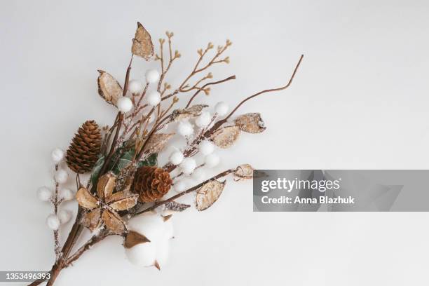 christmas decoration made of dry branches and flowers over white background. - flower detail leaf white stock pictures, royalty-free photos & images