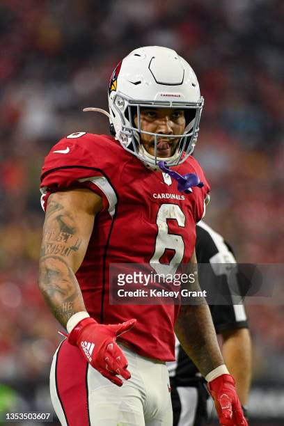 James Conner of the Arizona Cardinals reacts after a first down against the Carolina Panthers in the third quarter at State Farm Stadium on November...